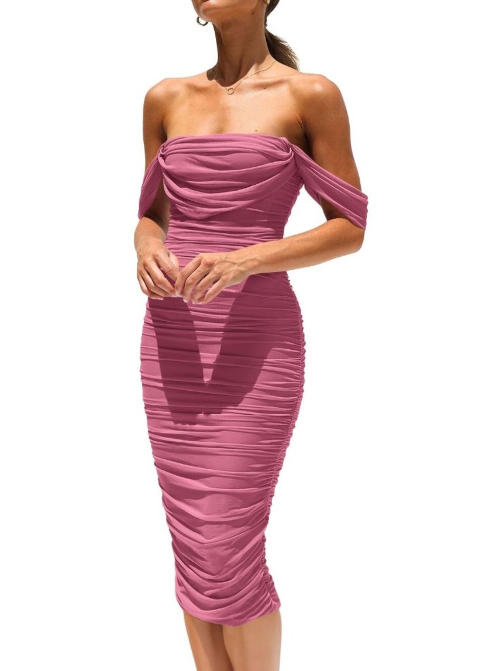 Women's Dusty Pink Off Shoulder Bodycon Tube Midi Stretchy Mesh Party Dress
